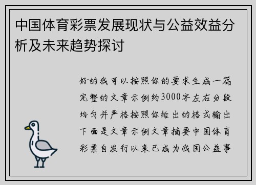 中国体育彩票发展现状与公益效益分析及未来趋势探讨